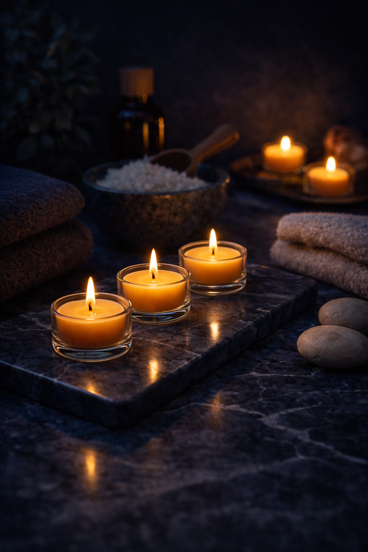 Ra Lumière natural beeswax tealight candles creating a warm spa atmosphere for relaxation and mindful rituals