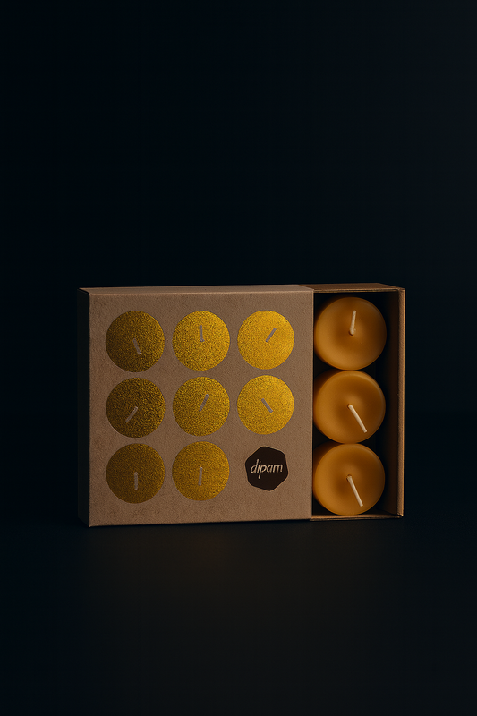 Ra Lumière beeswax tealights in packaging, product photo