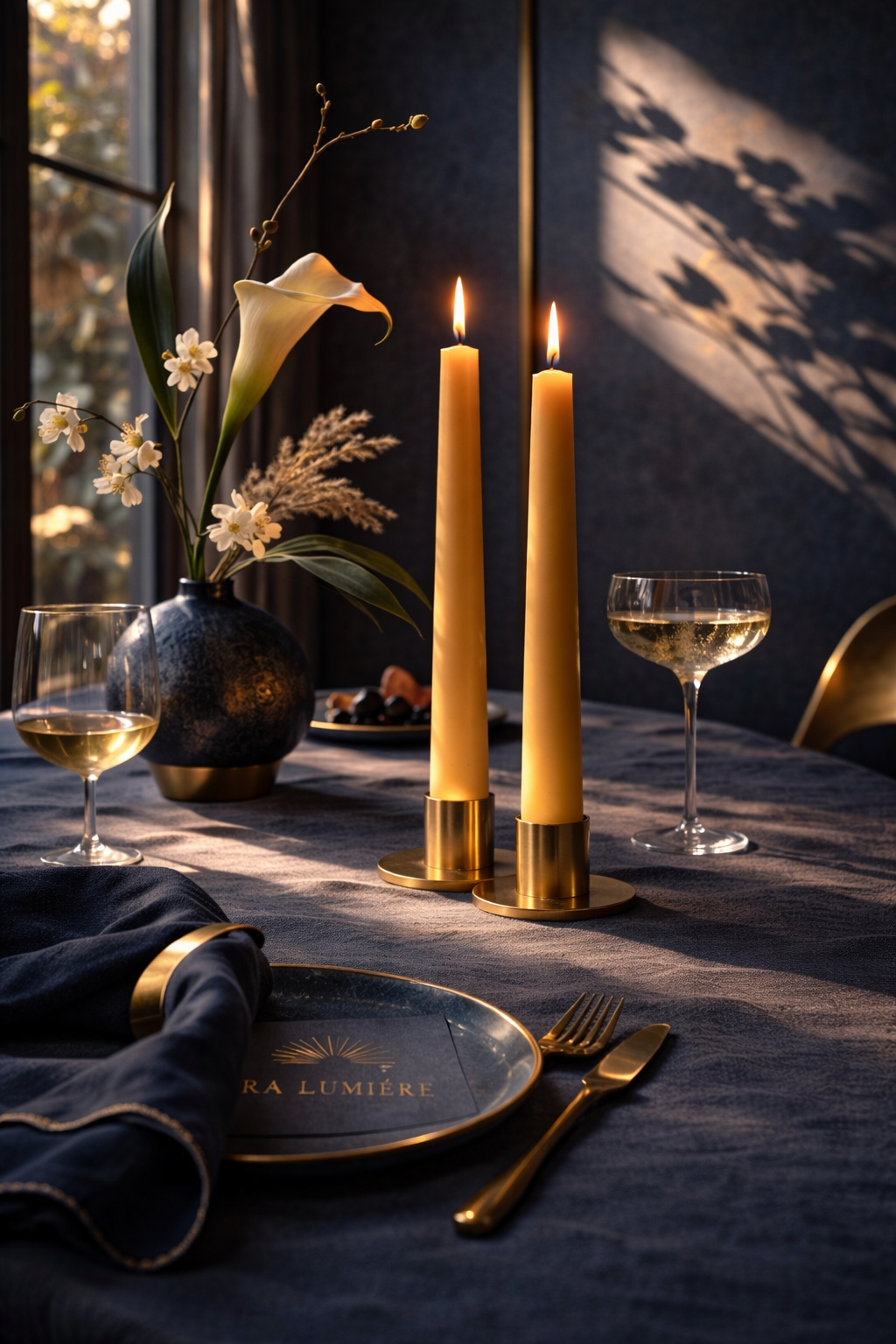 Handcrafted beeswax dinner candles in brass holders on a luxury dining table – natural beeswax candles by Ra Lumière