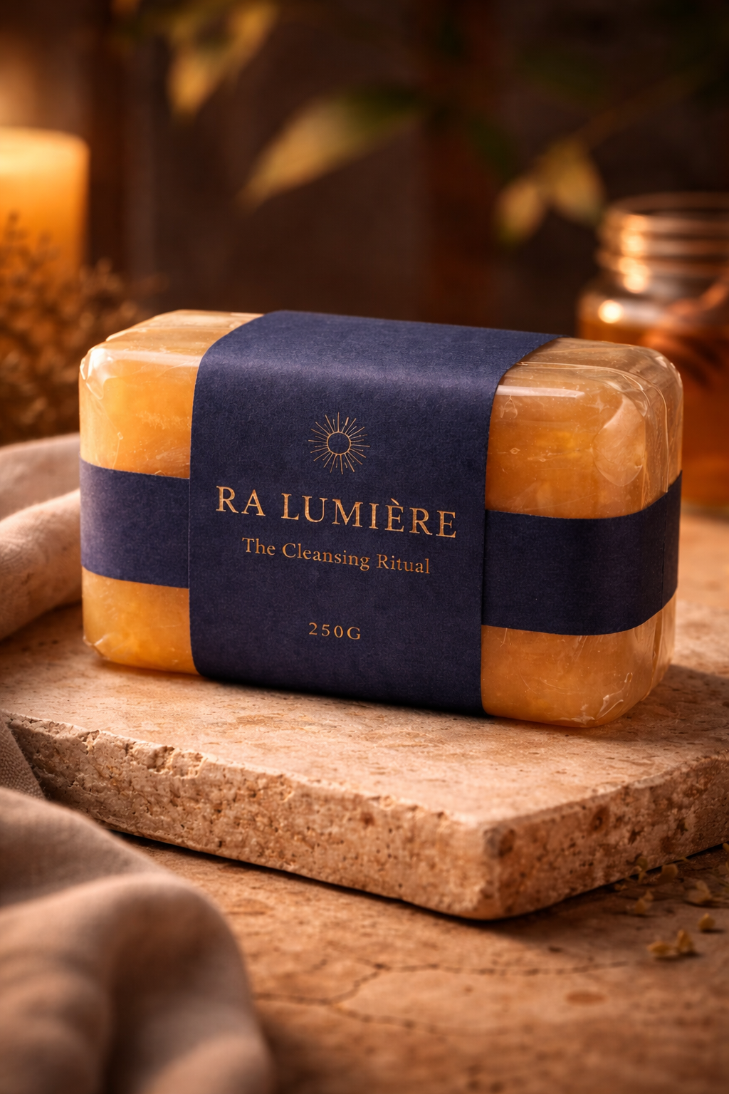 Luxury beeswax ritual soap by Ra Lumière, handcrafted with natural ingredients for cleansing and nourishing the skin