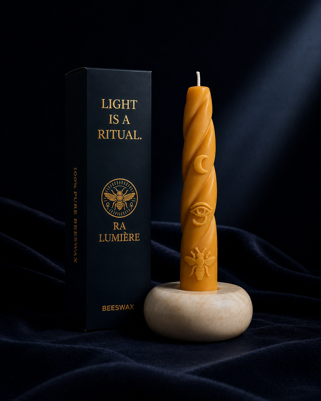 Moon beeswax candle inspired by Isis with eye and moon symbols by Ra Lumière in alabaster candle holder