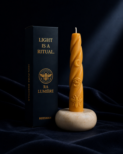 Moon beeswax candle inspired by Isis with eye and moon symbols by Ra Lumière in alabaster candle holder