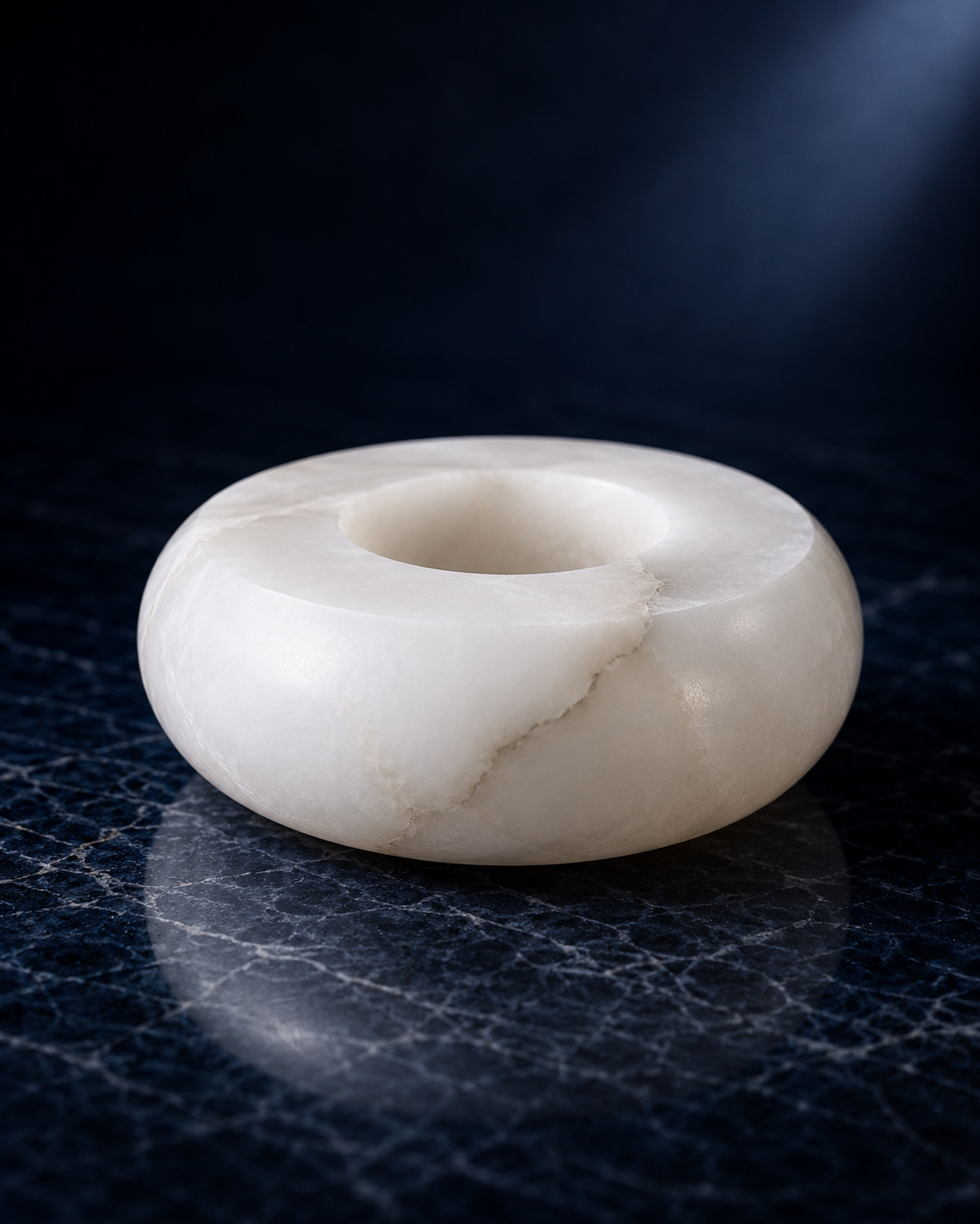 Moon Alabaster Candle Holder in natural white alabaster stone for luxury beeswax ritual candles by Ra Lumière