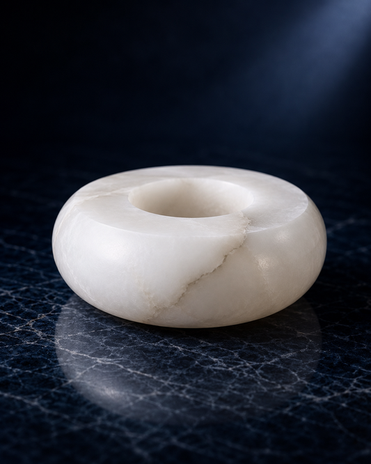 Moon Alabaster Candle Holder in natural white alabaster stone for luxury beeswax ritual candles by Ra Lumière
