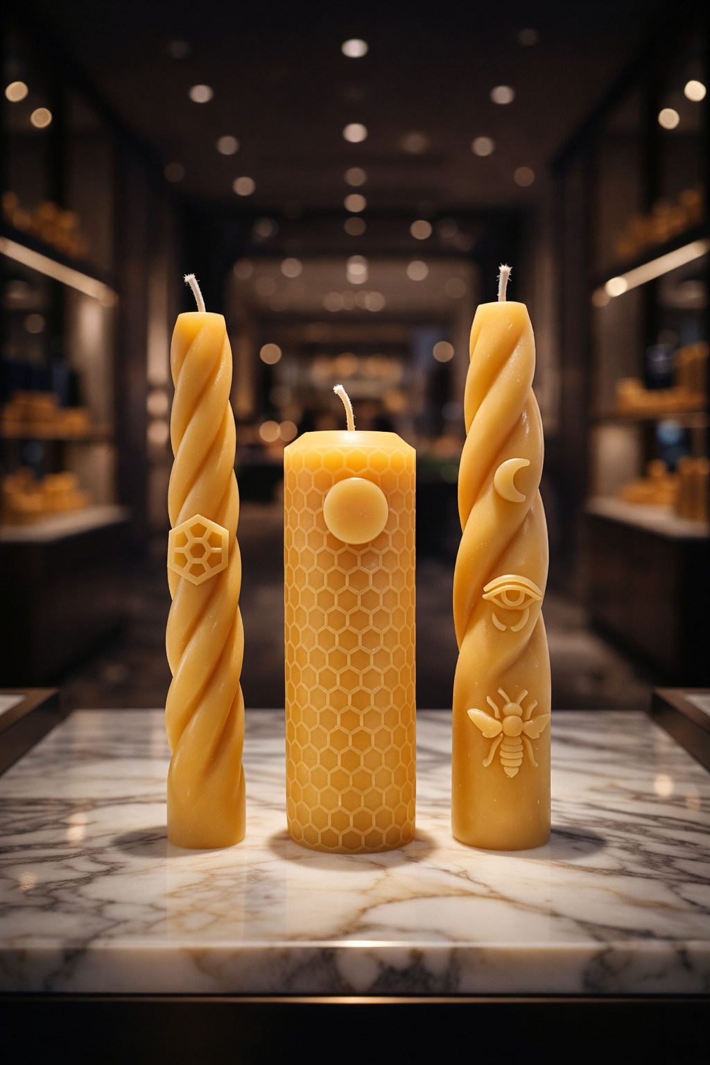 Luxury hand-poured beeswax candles by Ra Lumière with spiral shape and honeycomb detail, crafted from pure European beeswax and inspired by sun, moon and earth
