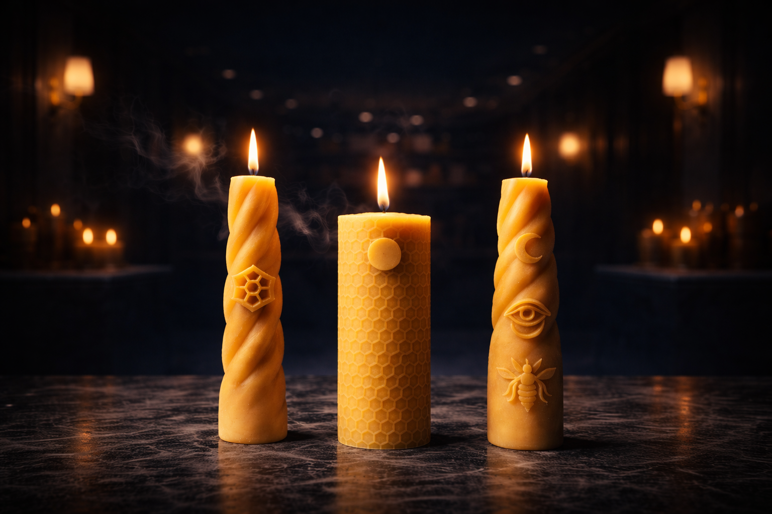 Luxury beeswax candles by Ra Lumière in different shapes and symbols, hand-poured from pure European beeswax