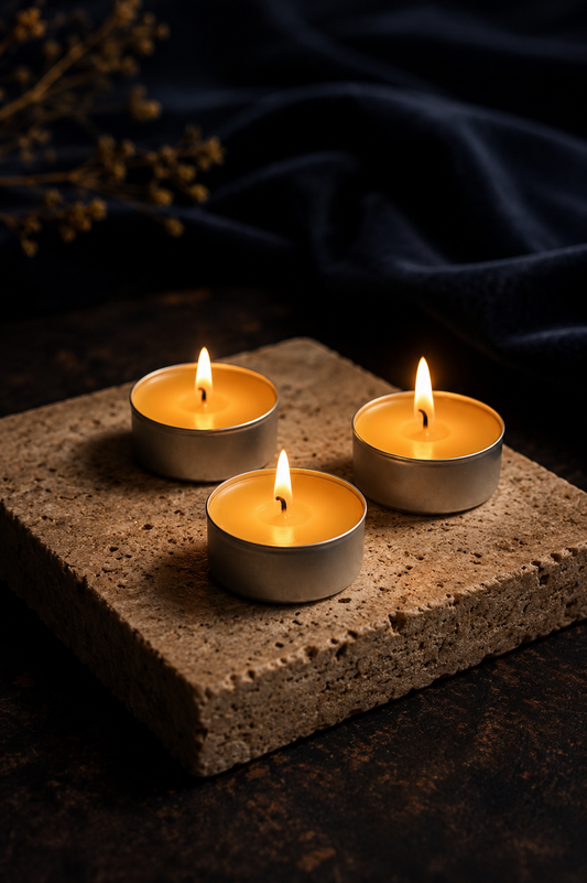 Ra Lumière natural beeswax tealight candles burning on a travertine stone tray