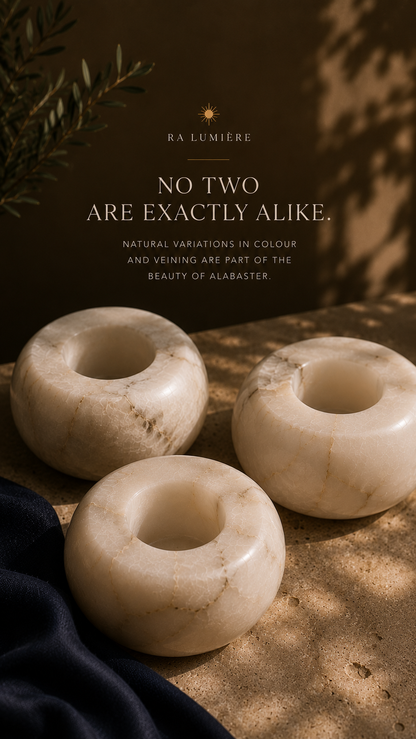 Moon Alabaster Candle Holder in natural white alabaster stone for luxury beeswax ritual candles by Ra Lumière
