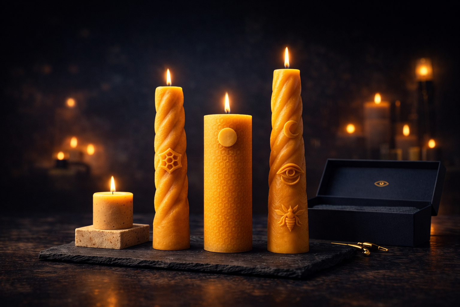 Luxury beeswax candles by Ra Lumière in different shapes and symbols, hand-poured from pure European beeswax