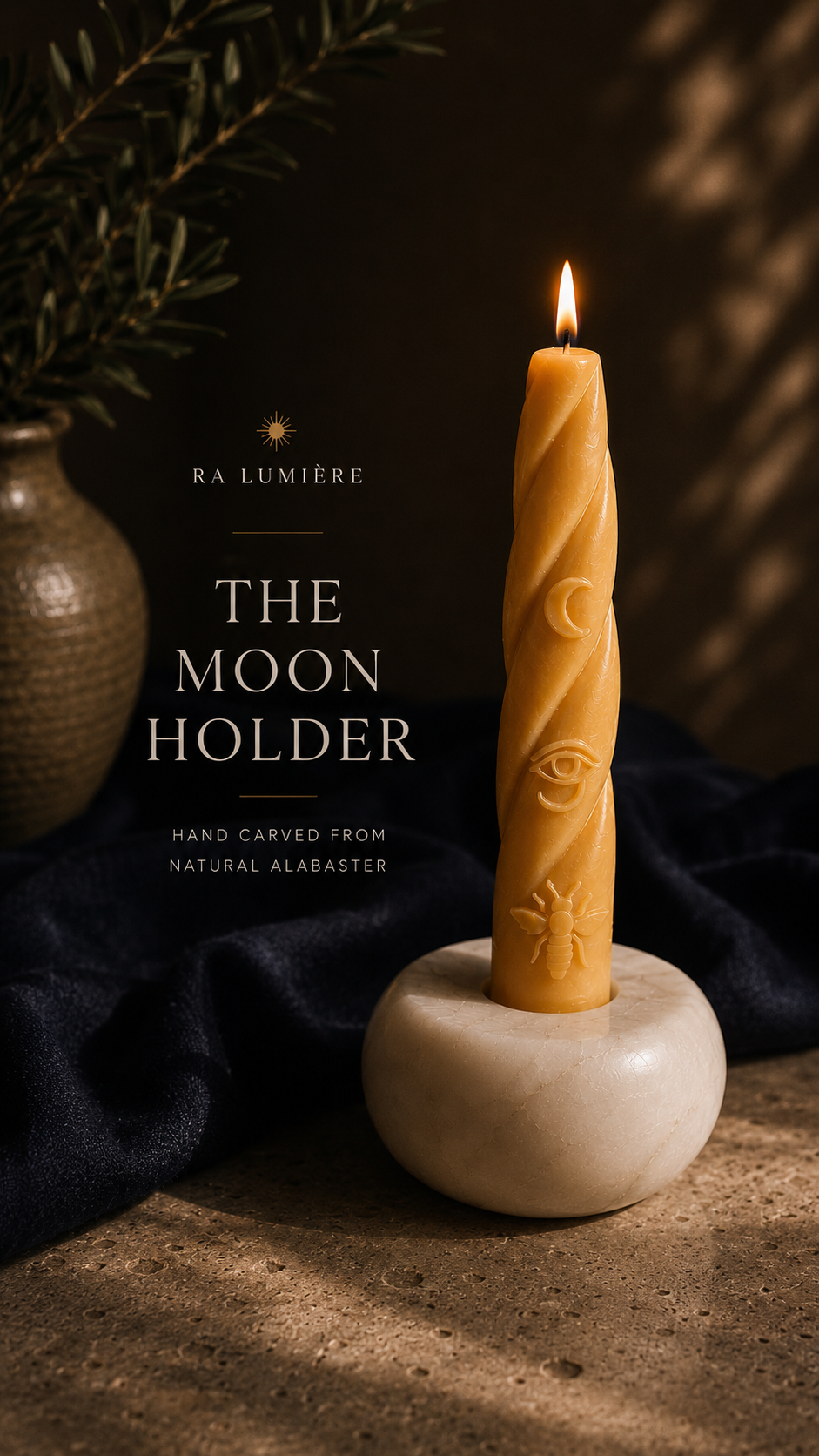 Moon candle holder inspired by Isis with eye and moon symbols by Ra Lumière in alabaster candle holder