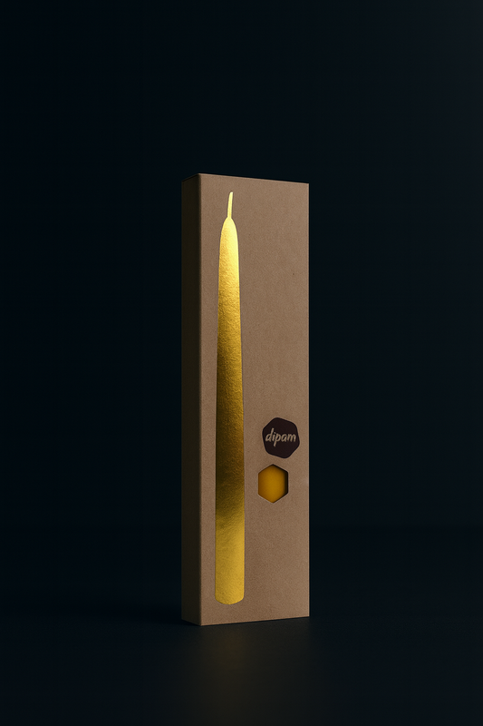 Ra Lumière beeswax dinner candles with packaging, product photo
