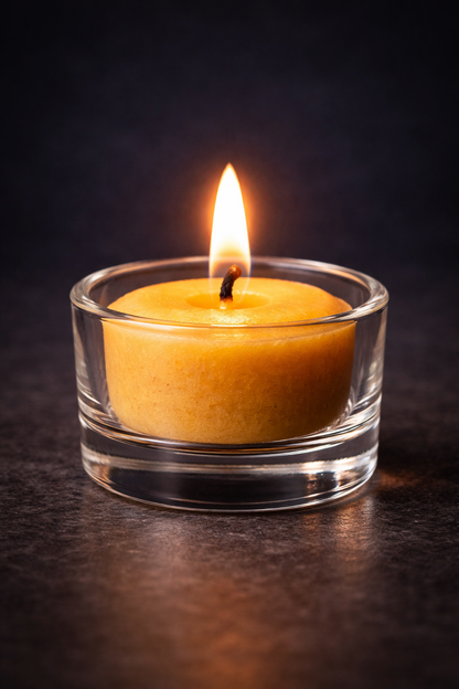 Natural beeswax tealight candle burning in a clear glass tealight holder