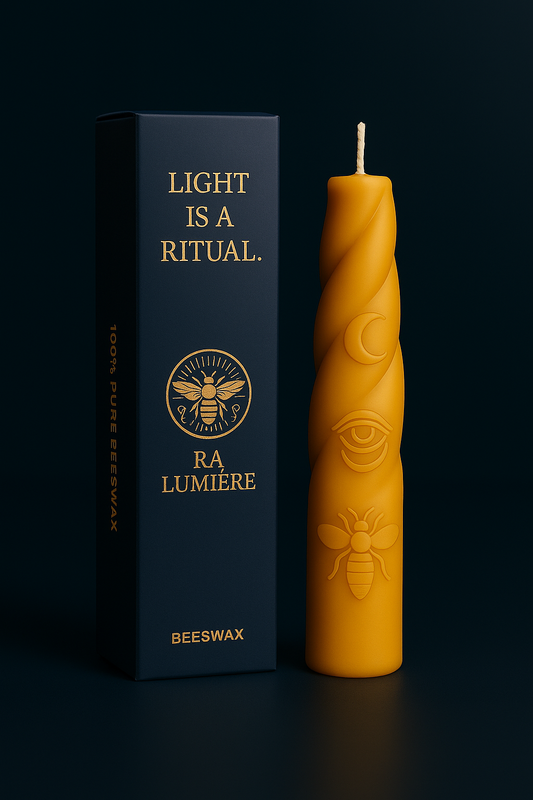 Ra Lumière Moon candle with packaging, hand-poured beeswax