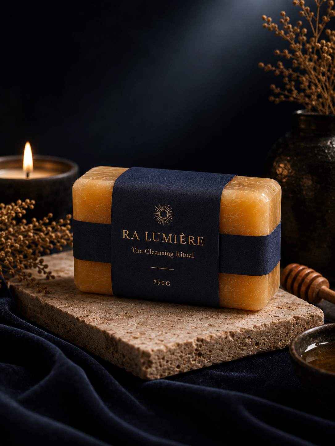 Ra Lumière Honey & Propolis Soap, handcrafted natural soap with honey and propolis, presented on travertine stone with luxury navy blue packaging.