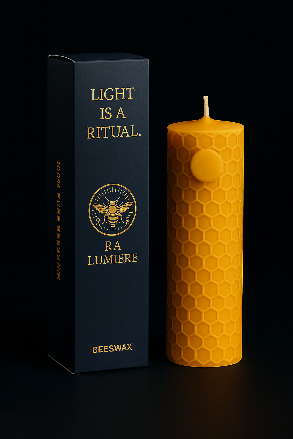 Ra Lumière Sun candle with packaging, hand-poured beeswax