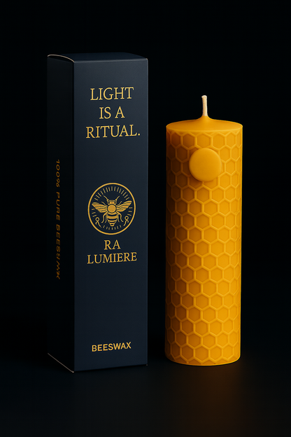 Ra Lumière Sun candle with packaging, hand-poured beeswax